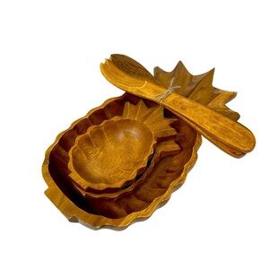MonkeyPod Wooden Pineapple Dish with Wooden Spoons. Set of Three